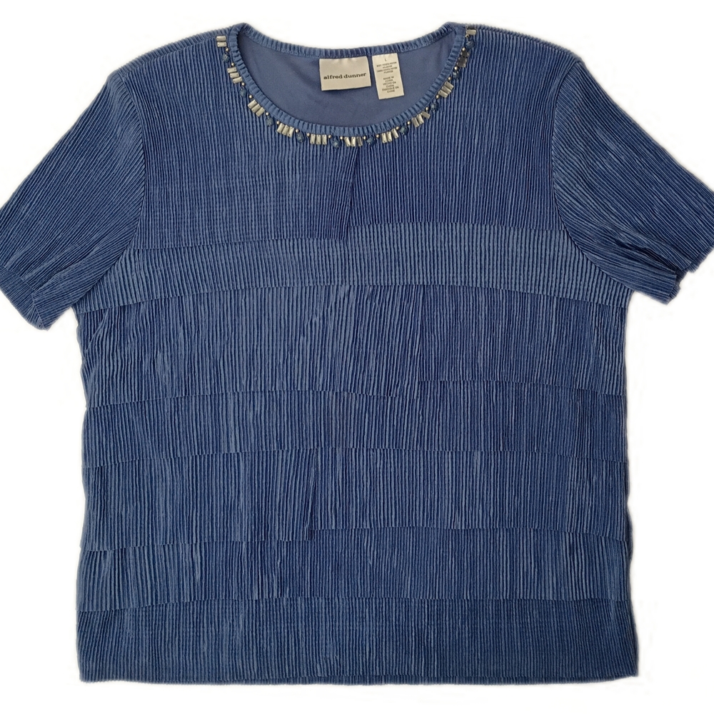 Alfred Dunner Navy Blue Pleated Beaded Top Size L